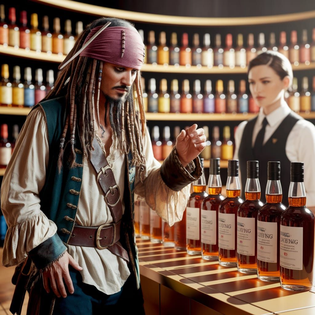 Pirate Captain Jack Sparrow in Modern Liquor Store, Rum Sele...