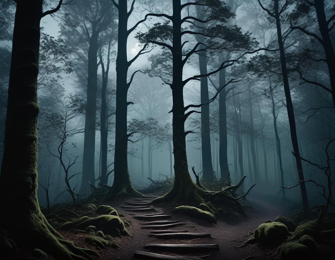 Mystical Forest Path Under Moonlight