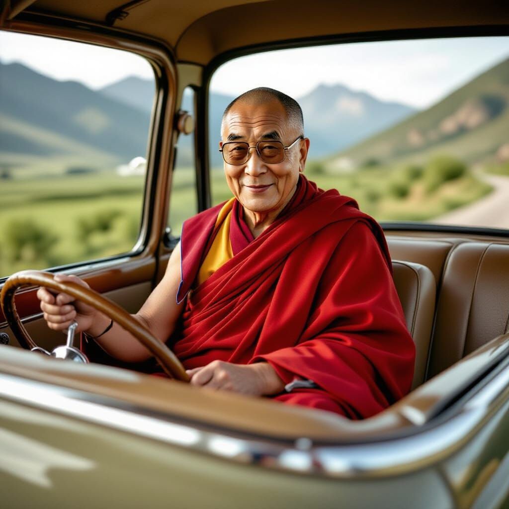 Dalai Lama in Vintage Car: Sepia-Toned Photograph
