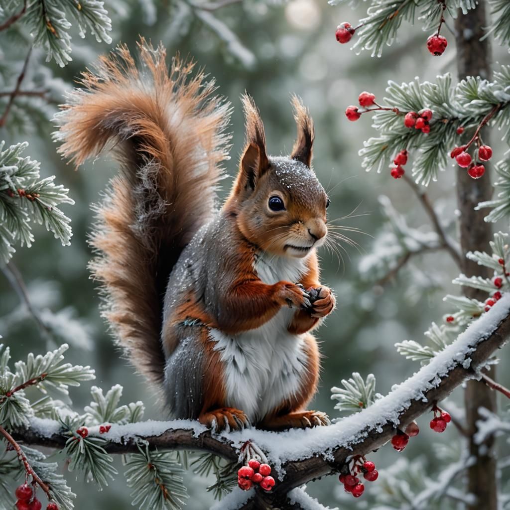 Red Squirrel in Winter Wonderland, Ethereal Glow