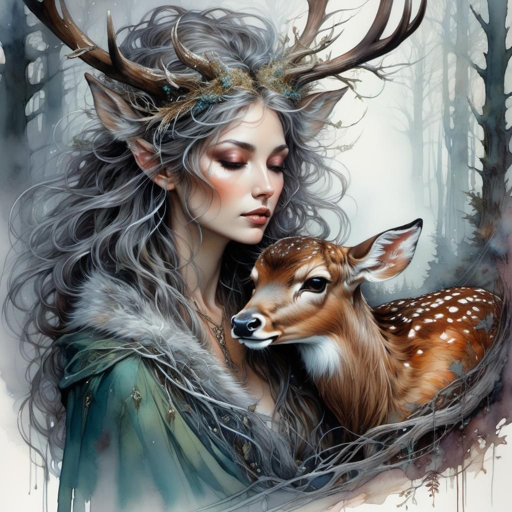 Druid Witch Cuddling Fawn in Forest Clearing