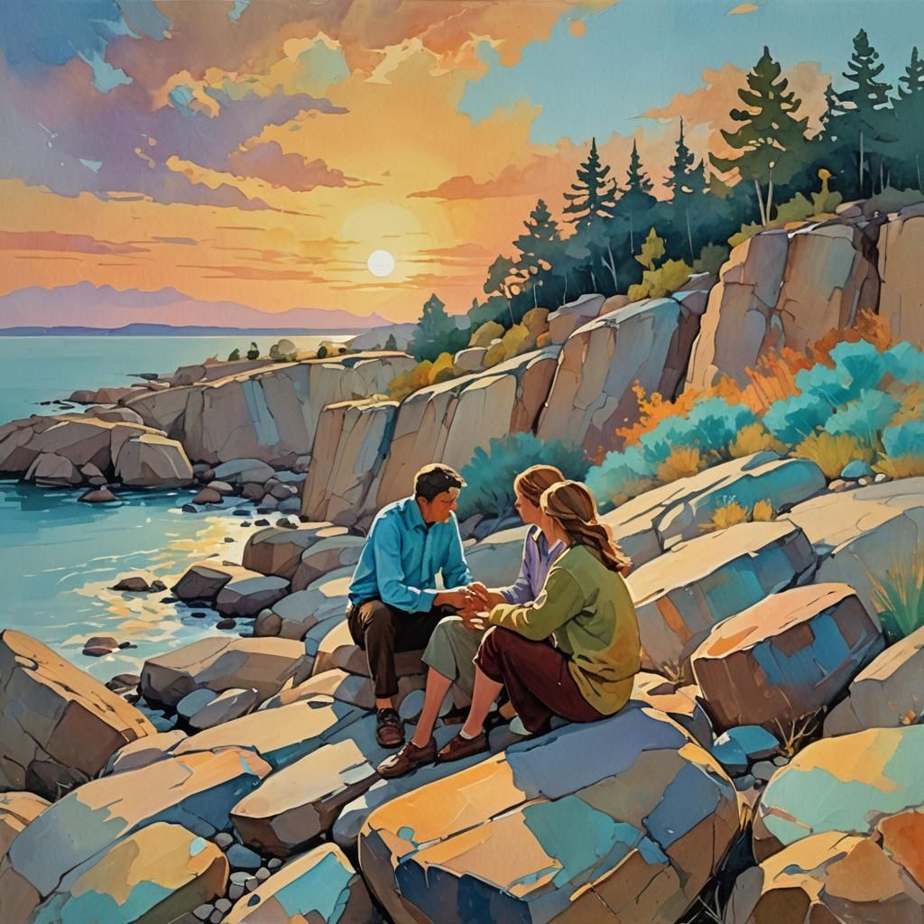 Romantic Seaside Sunset in Gouache Impressionism