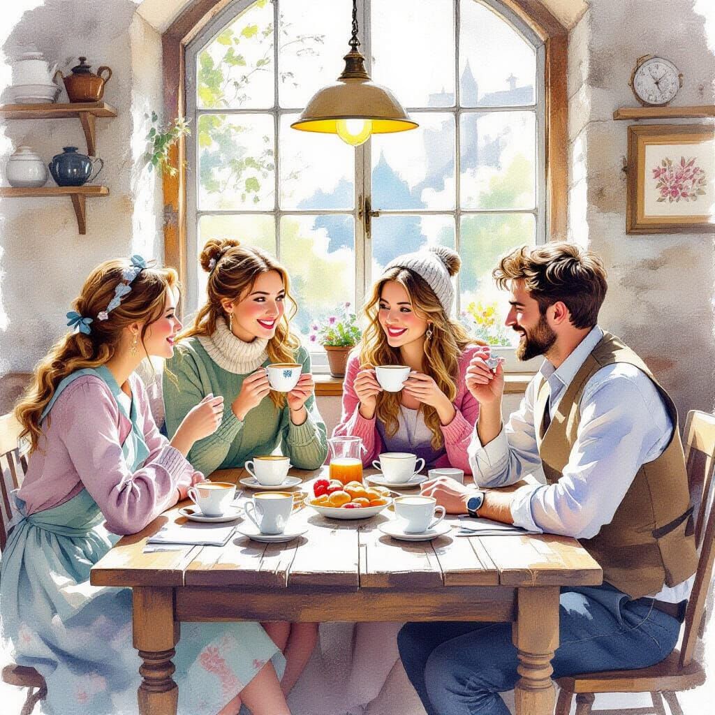 Beatrix Potter Style Watercolor: Friends Enjoying Hot Cocoa