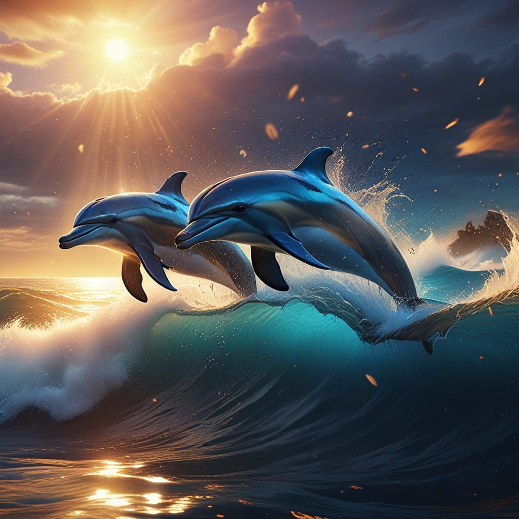 Dolphins Leap in Vibrant Ocean Fantasy Art