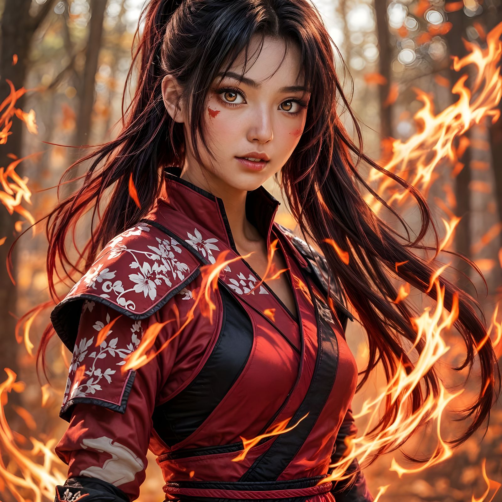 Fiery Asian Ninja Woman in Forest Portrait