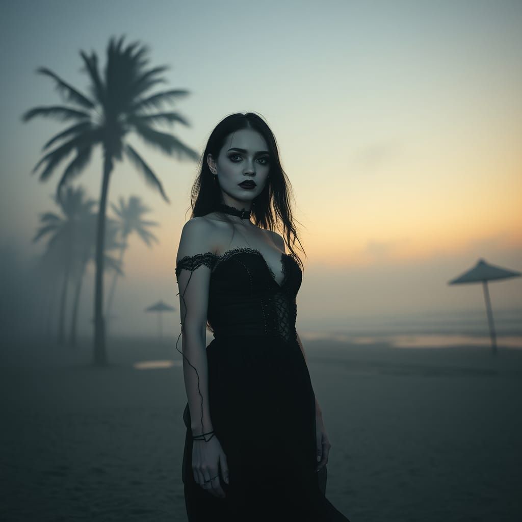 Gothic Girl on Misty Beach at Dusk