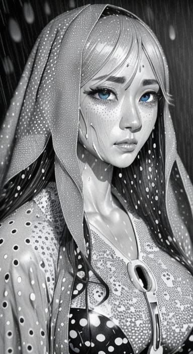 Milk-Stained Rainstorm Anime Portrait in Pointillism Style