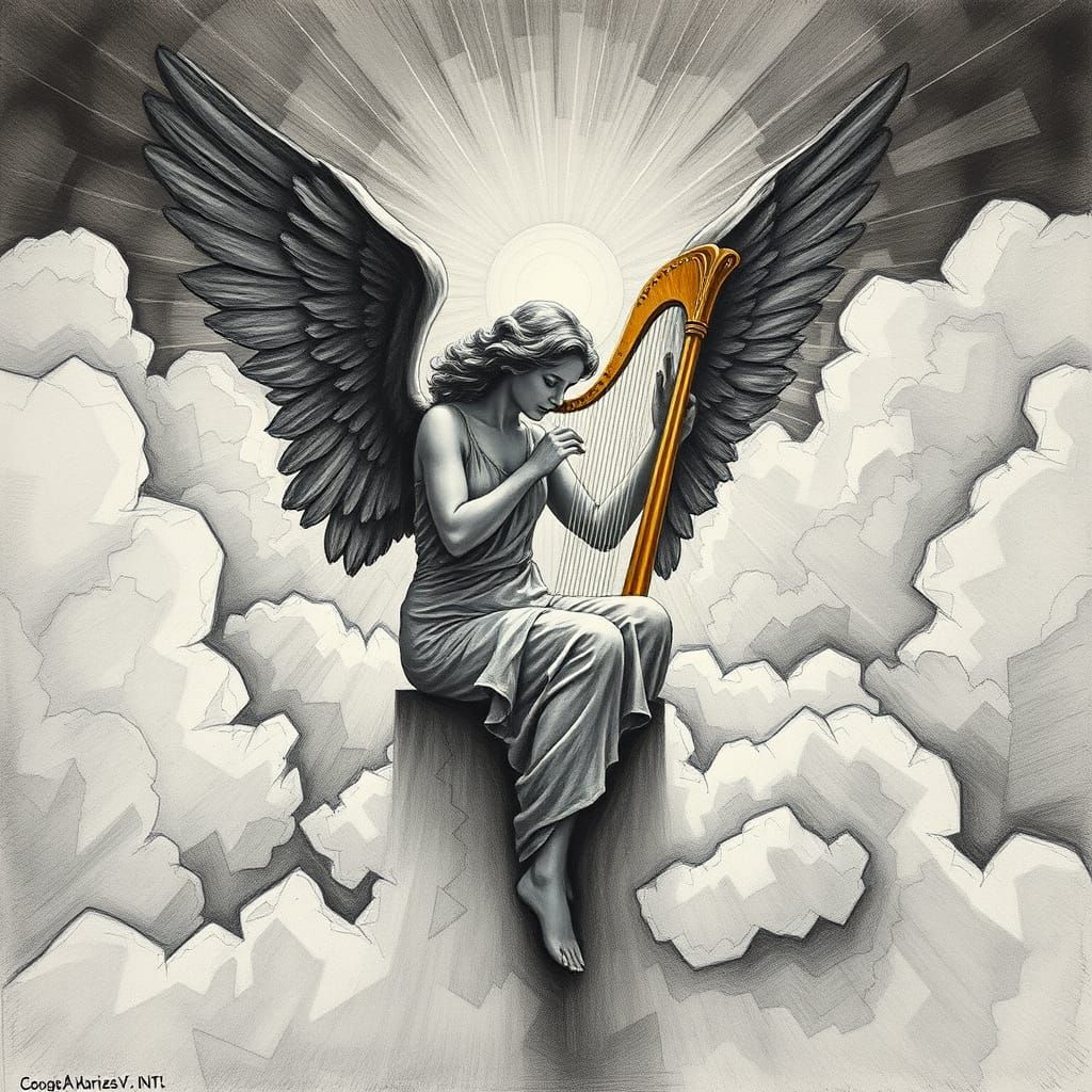 Angel Playing Harp in Cubist Charcoal Drawing