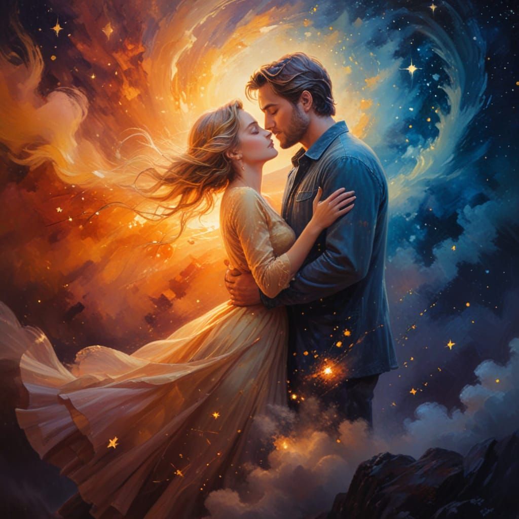 Love Shines Bright Under Starry Night Skies in Warm Oil Pain...