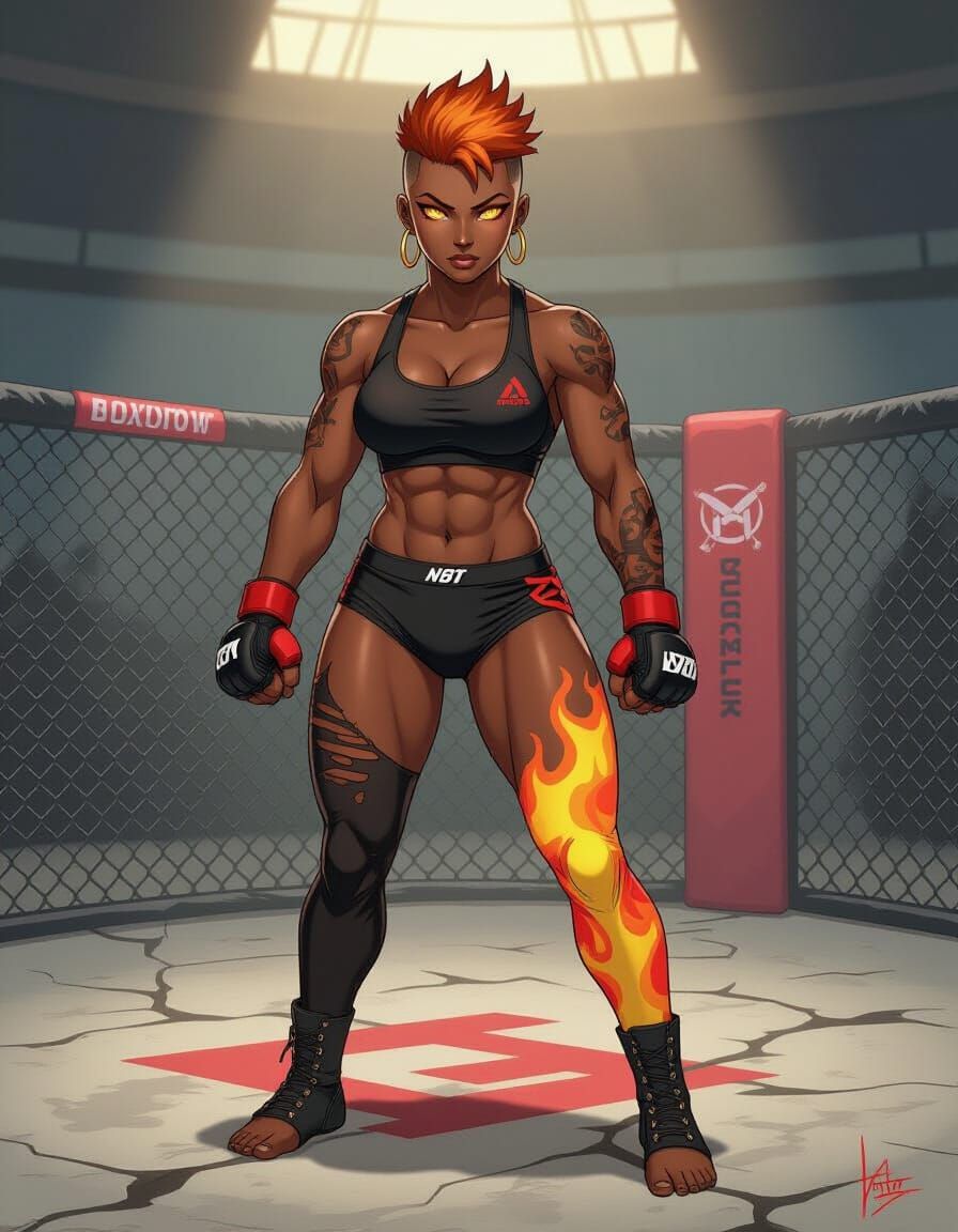 Fierce MMA Fighter with Fiery Hair, Anime Style