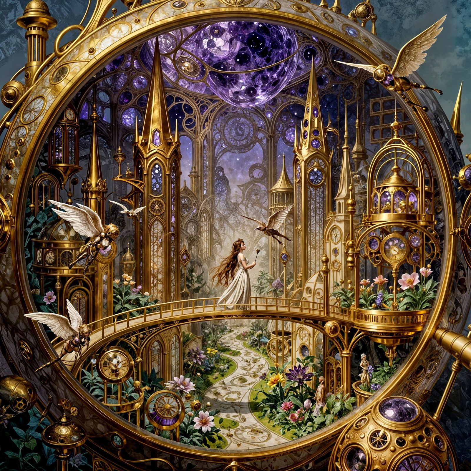 Woman in Clockwork Geode City, Art Nouveau Concept Art