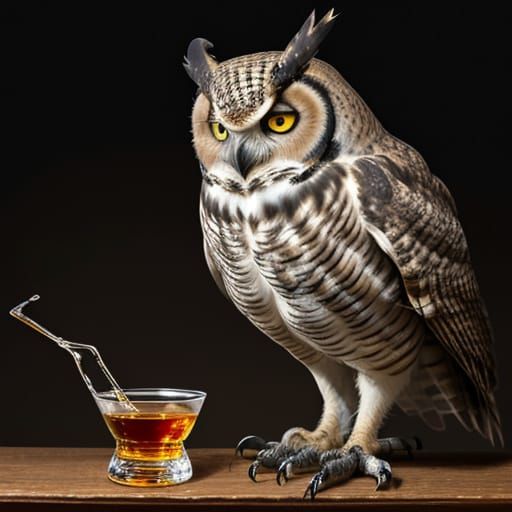Great Horned Owl Drinks Whiskey in Chiaroscuro Alley