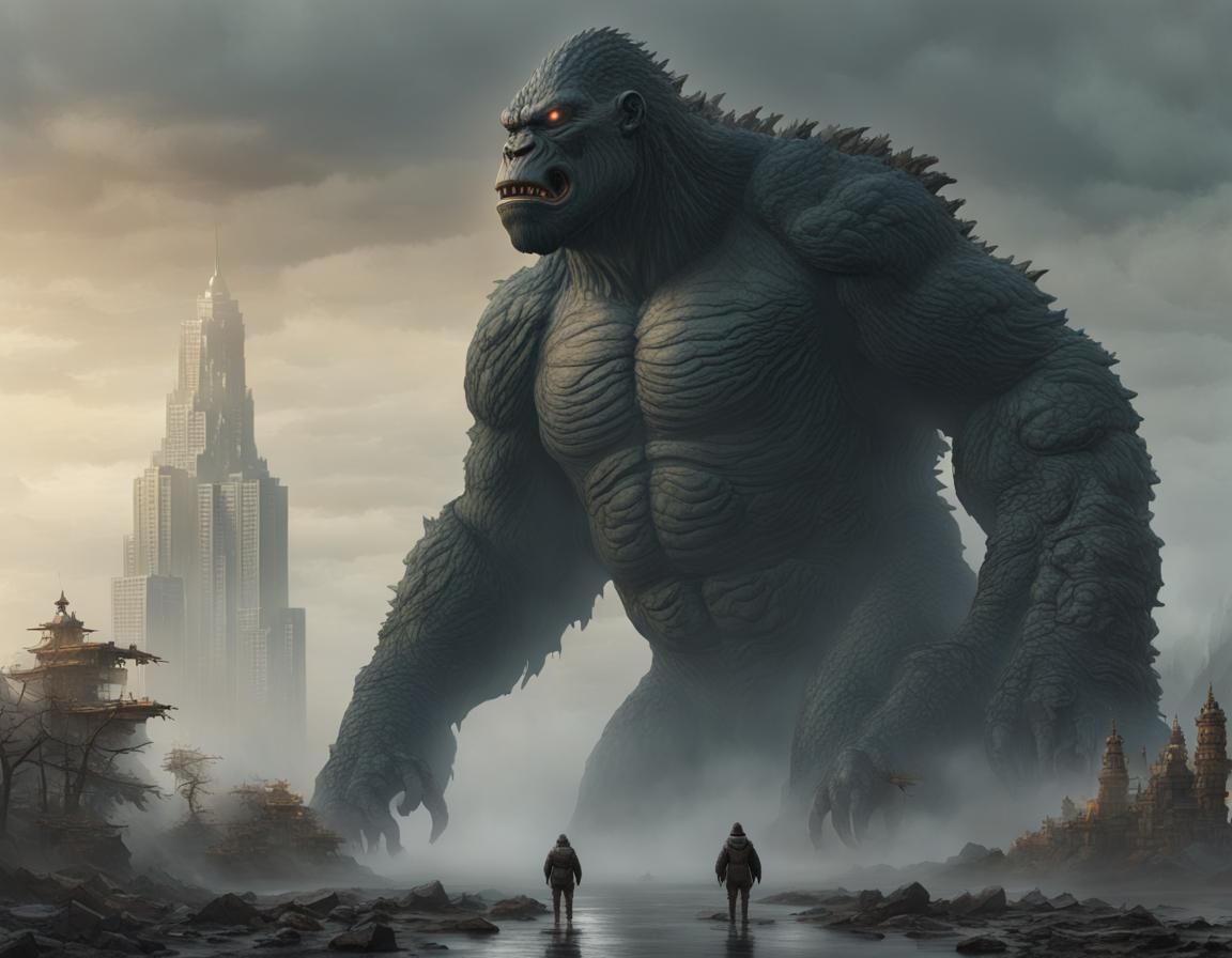 Godzilla and King Kong Titan in Hyperrealistic Sci-Fi Landsc...