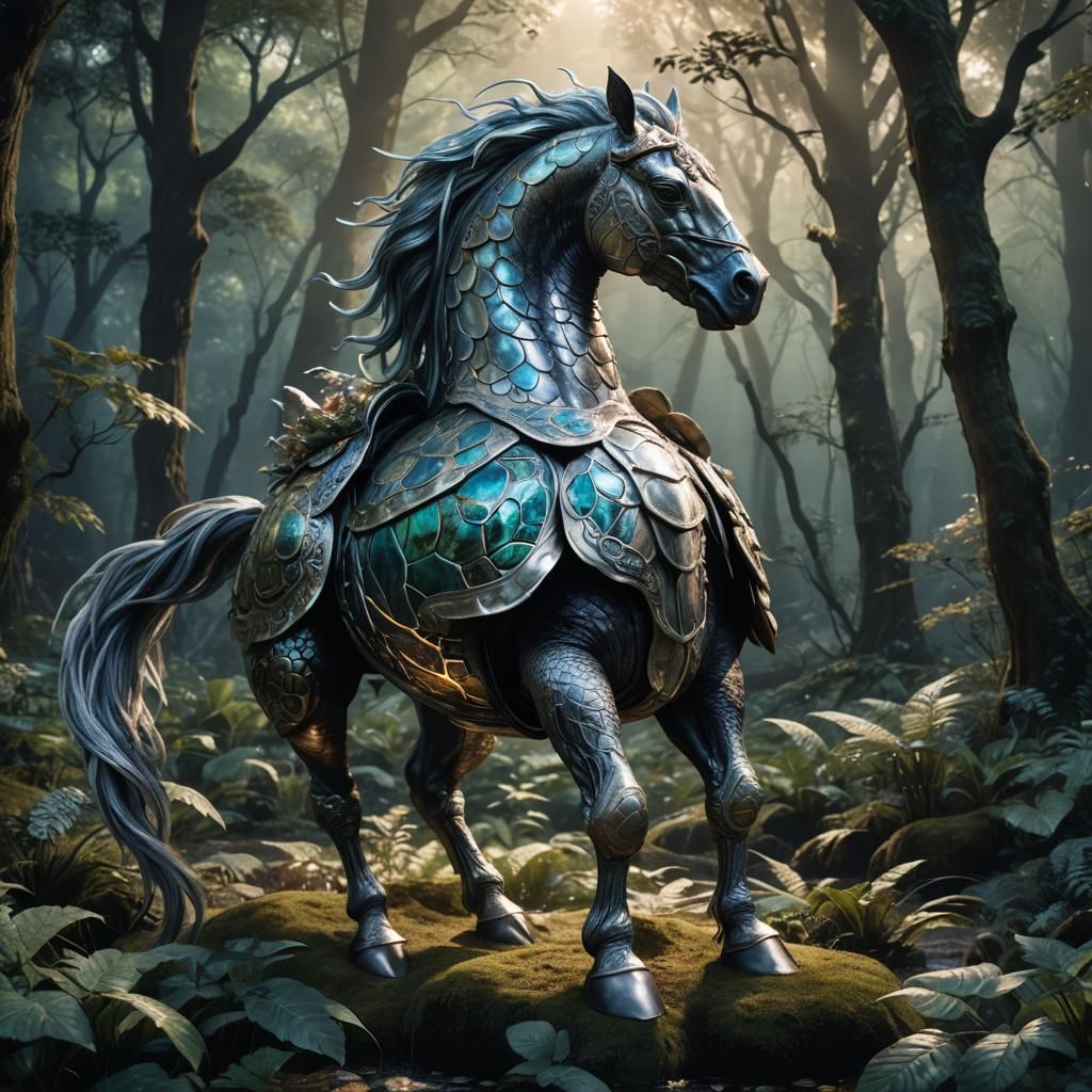 Silver Turtle-Horse Hybrid in Mystical Forest