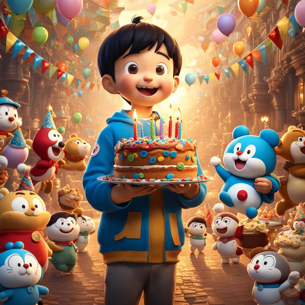 Boy's Birthday Cake with Cartoons, Digital Art