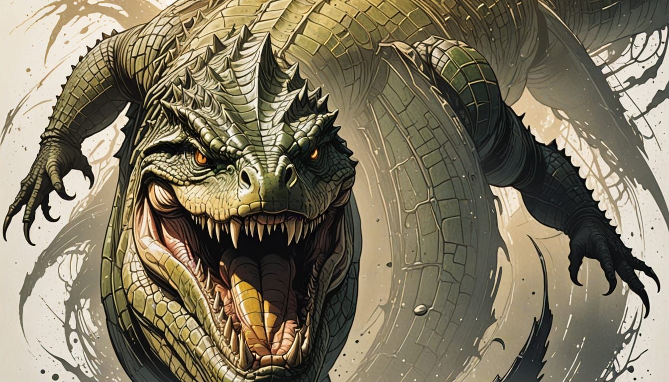 Mysterious Crocodile Portrait in Moody Etching Style