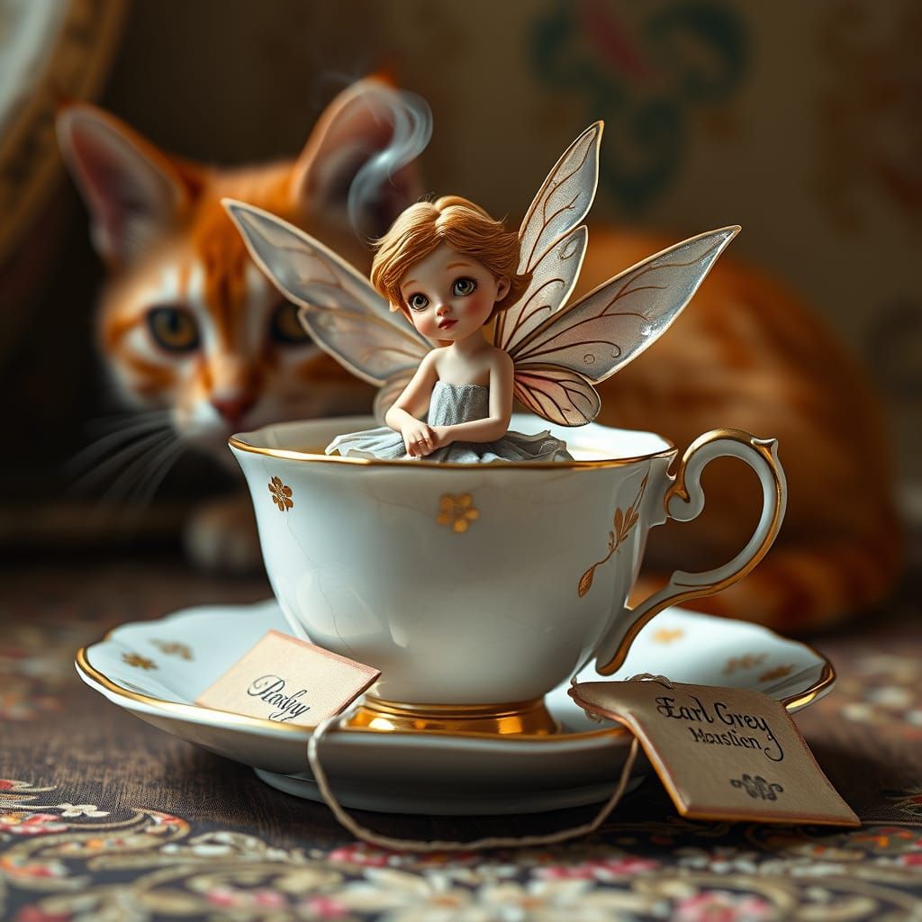A hyperdetailed photorealistic image of a miniature fairy soaking in an English bone china teacup. A curious orange tabb...