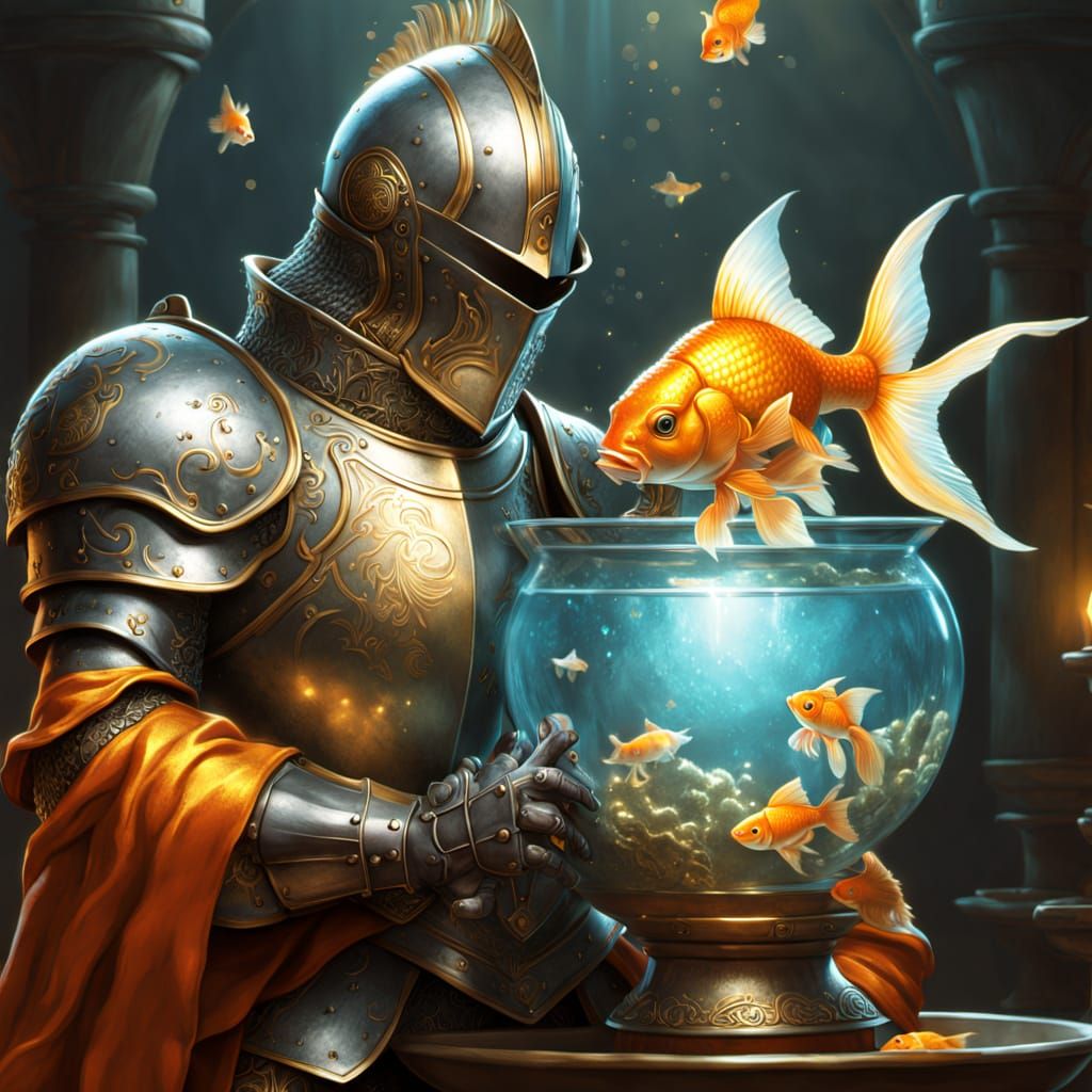 Knight Whispers Strategy to Goldfish in Dreamlike Fantasy Ar...
