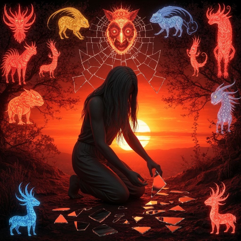 Bio Art Sculpture: Figure at Sunset with Cracked Mirrors