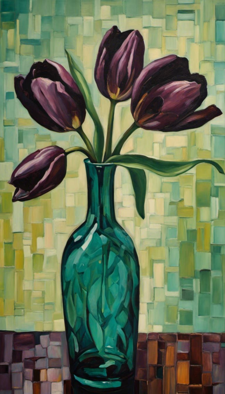 Thick Oil on Canvas :: Dark Plum Tulip :: Dark Bottle Green Glass Bud Vase :: Dark Teal  Peridot Patterned Wall Paper ::...