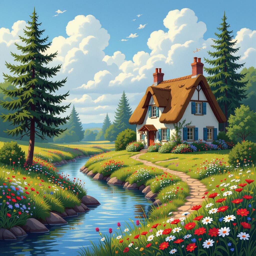 Quaint Cottage by River in Bloom, Storybook Art Style