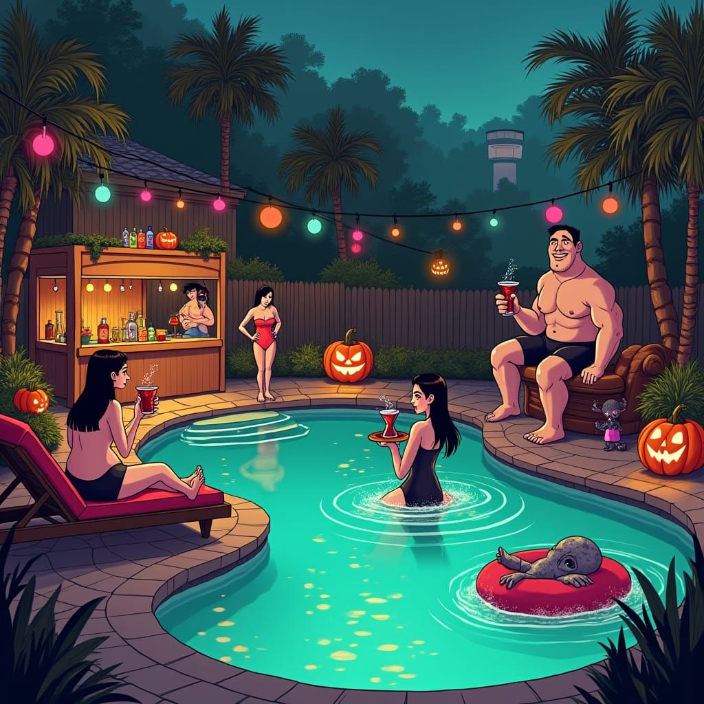 Addams Family Halloween Pool Party, Tim Burton Style