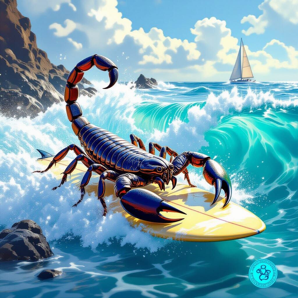 Scorpion Surfing a Turquoise Wave in Photorealistic Style