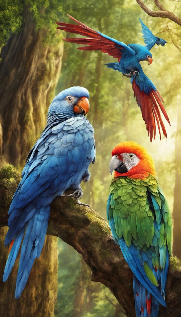 Cat and Parrot Friendship in Sunny Forest