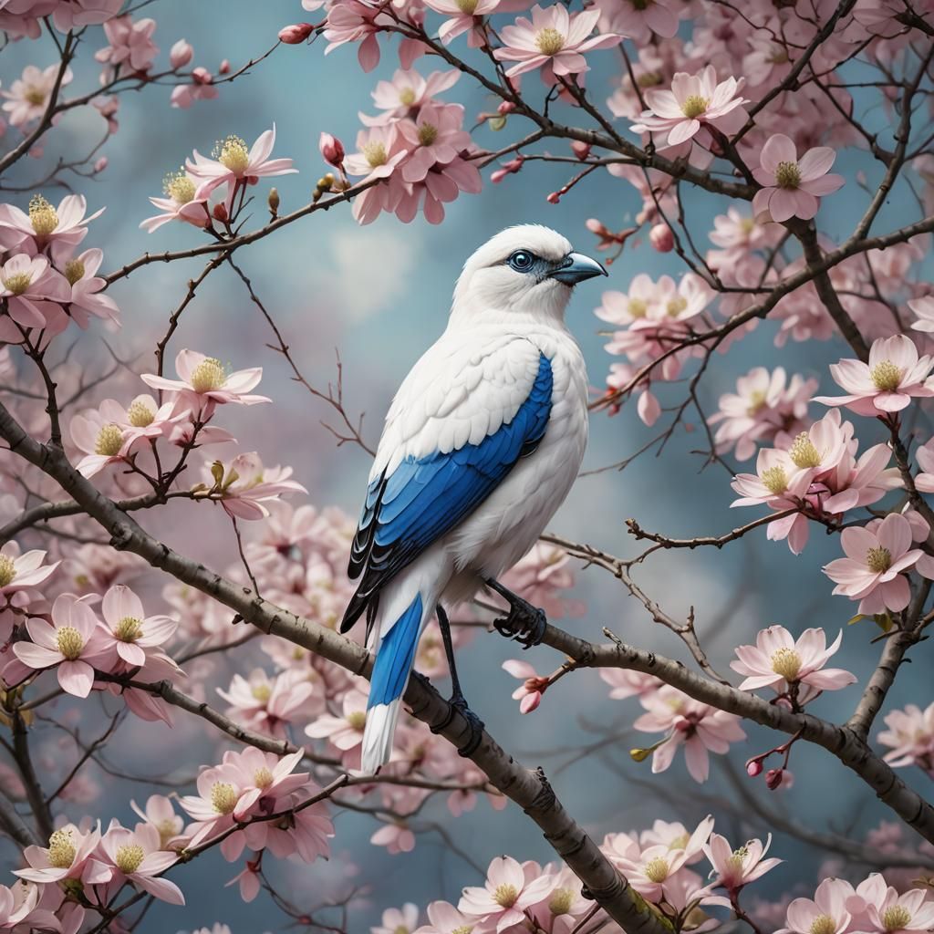 White Bird with Blue Trim in Dogwood Tree