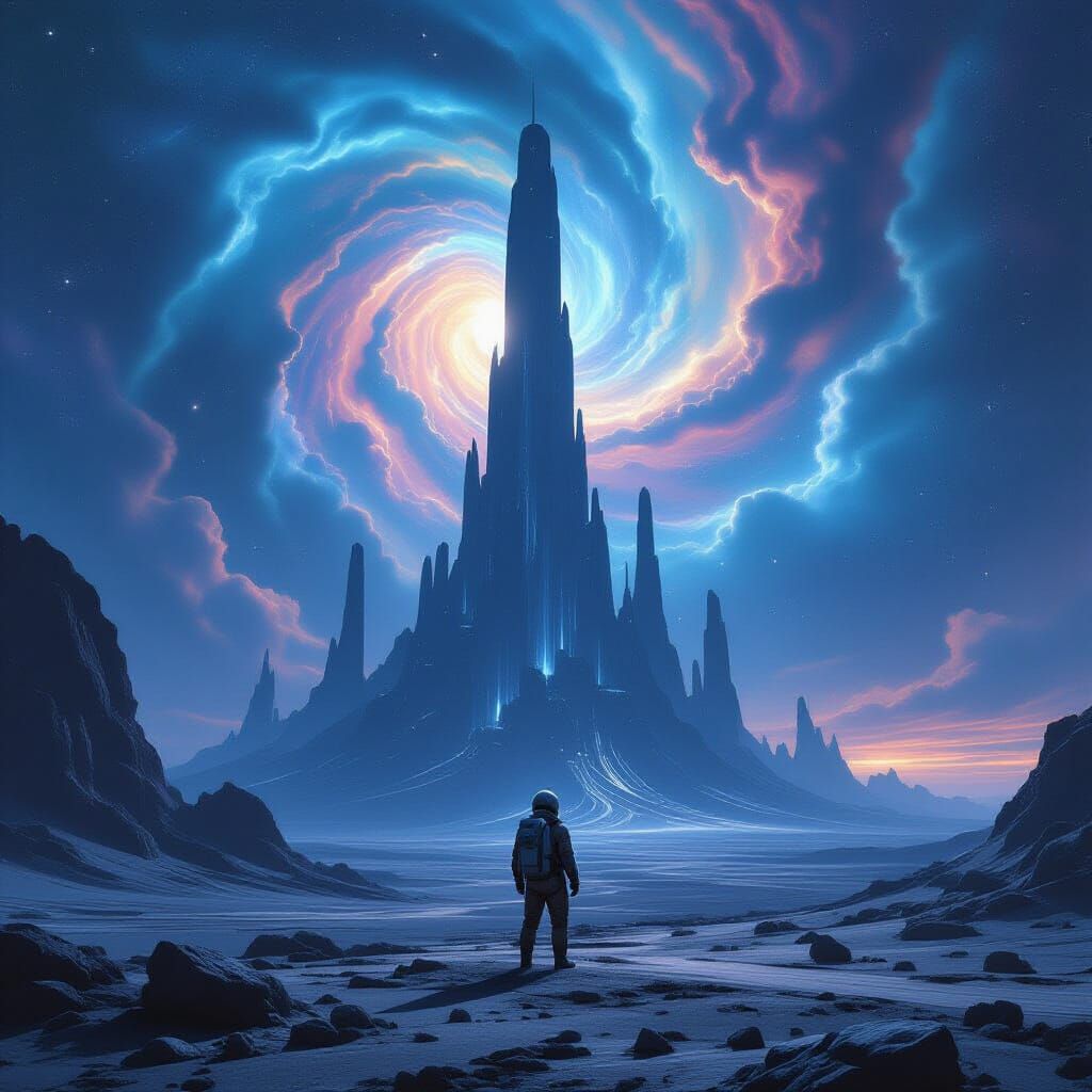 Astronaut Gazes at Colossal Alien City in Cosmic Nebula