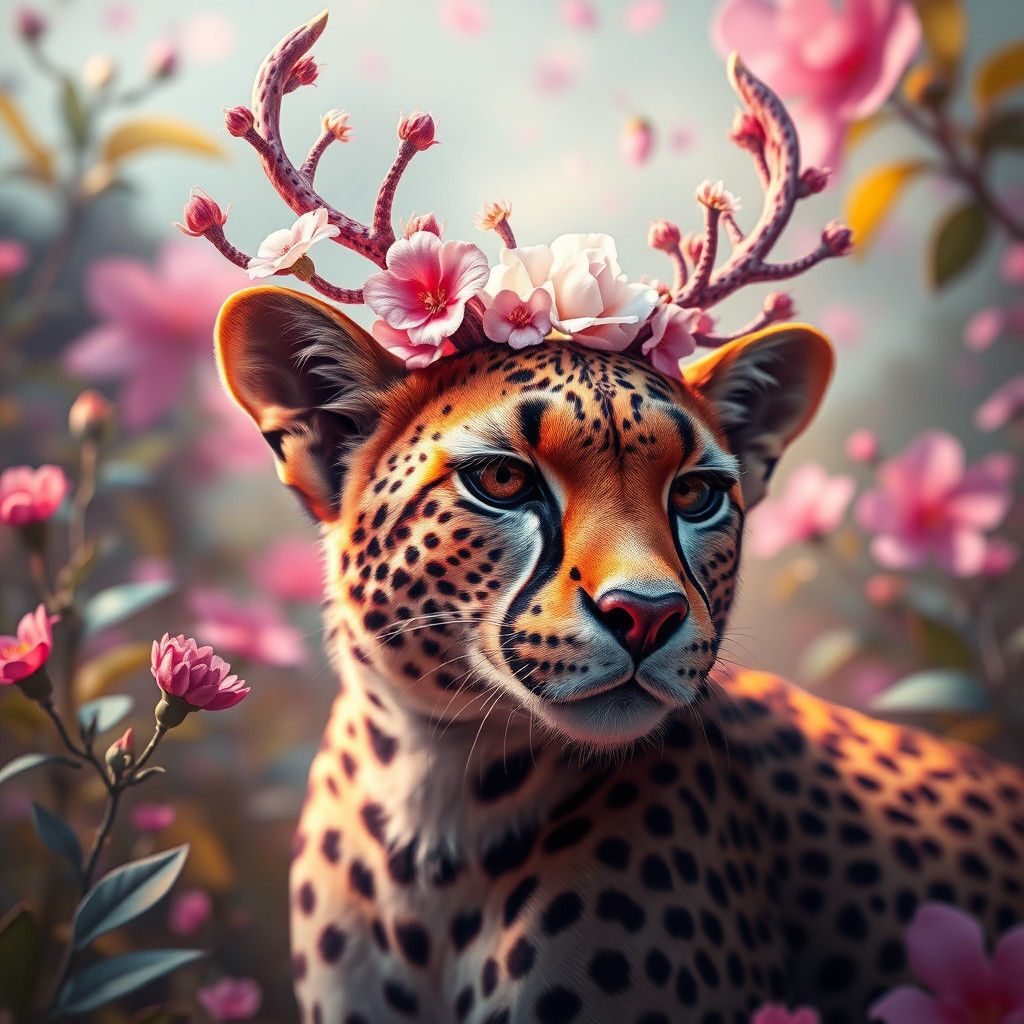 Dreamlike Cheetah with Flower Antlers in 8k