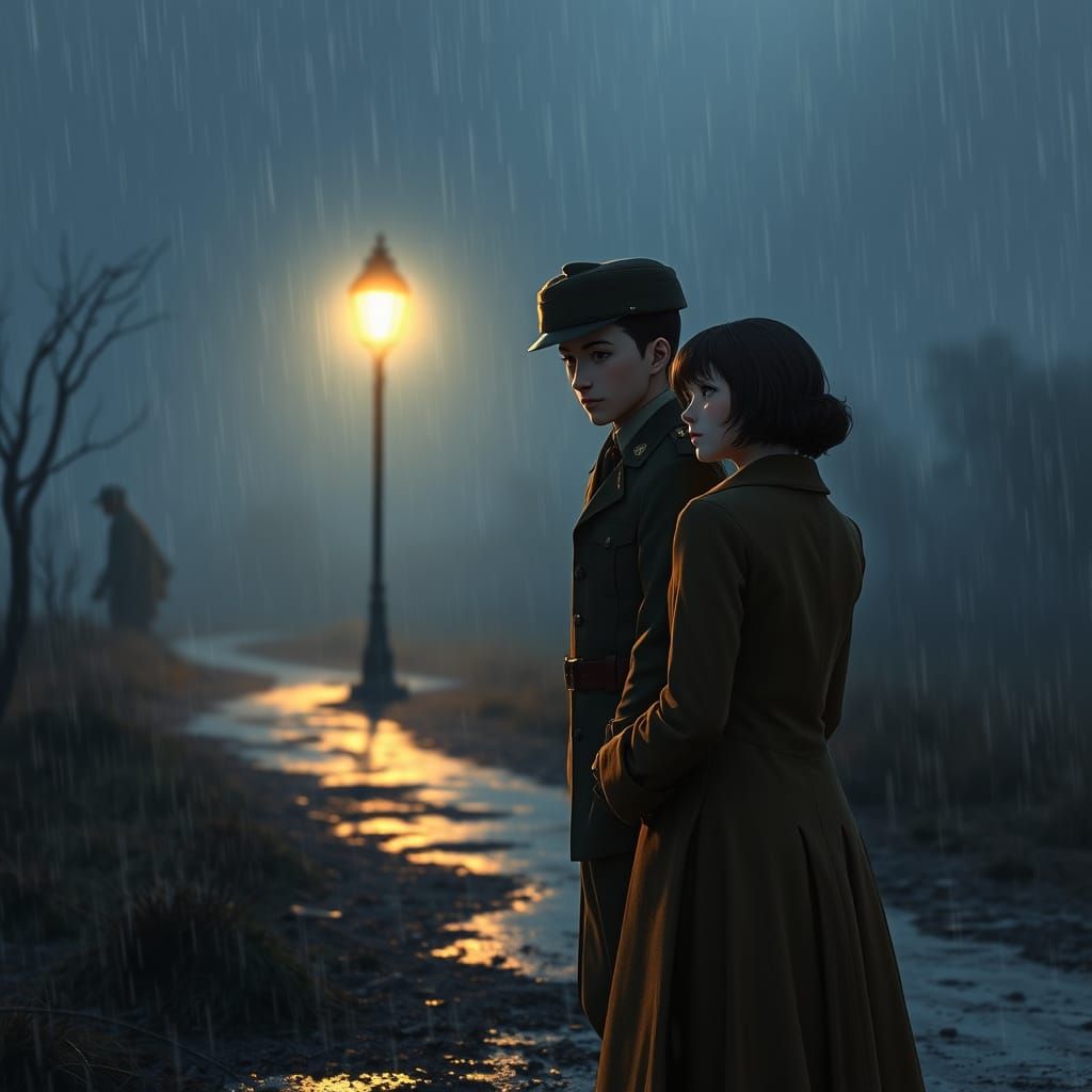 Wartime Lovers Under a Flickering Streetlamp