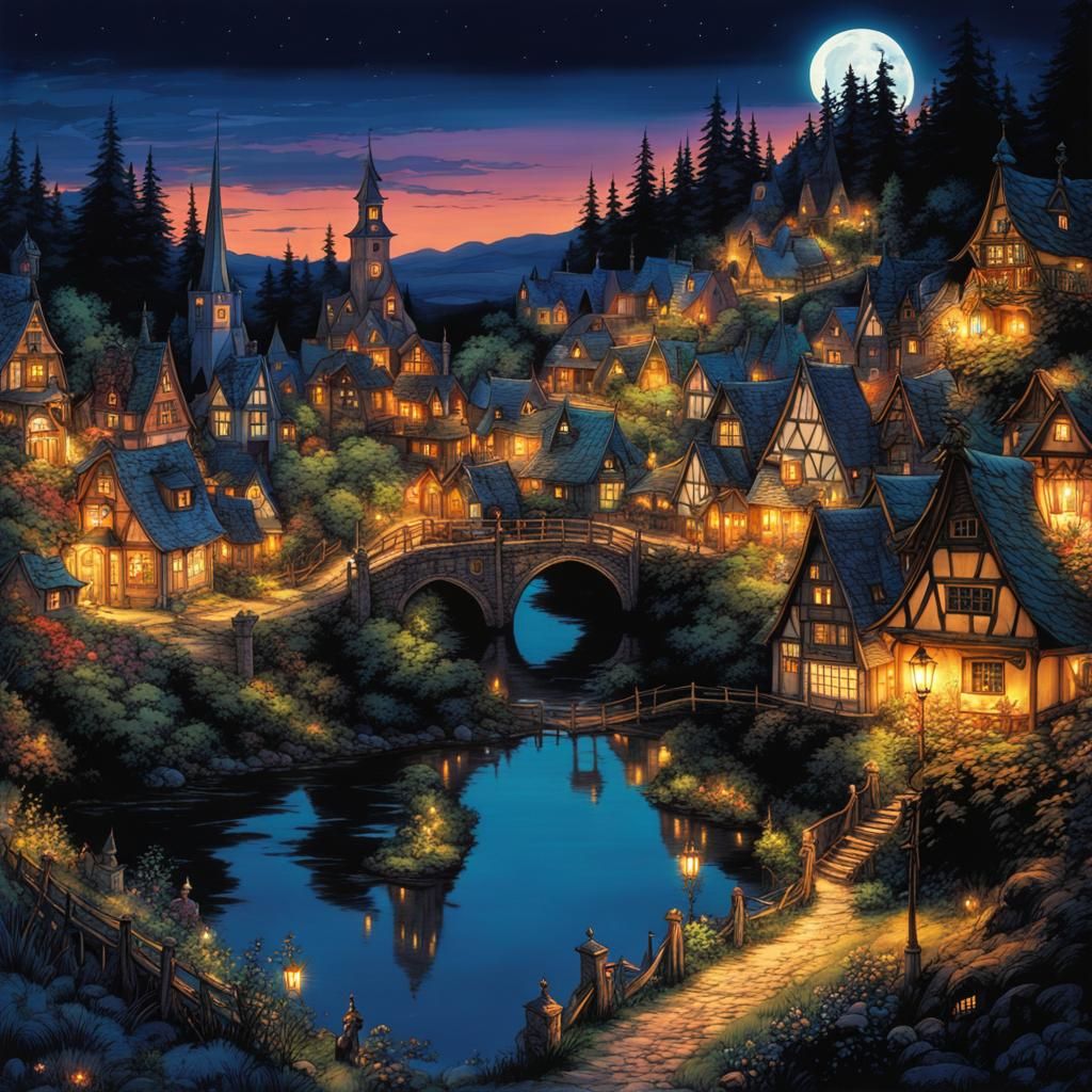 Fairytale Village by Night in Anime Style