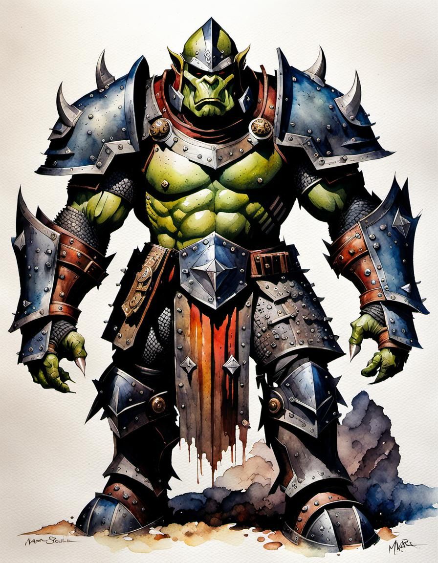 Armored Orc Warrior in Watercolor Style