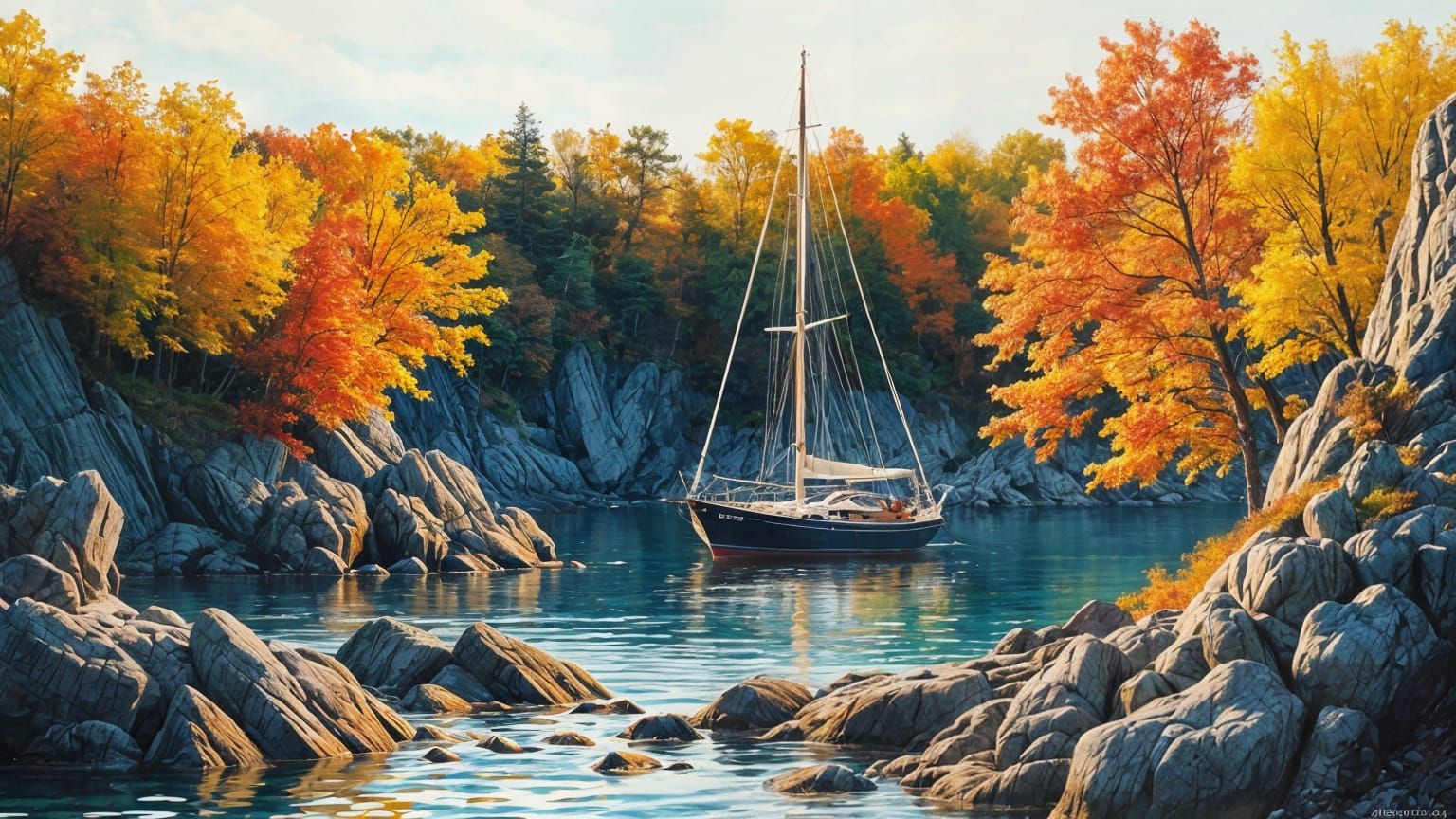Sailboat Anchored in Autumn Cove, Watercolour Style