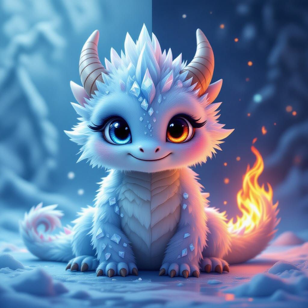 Surreal Dragon Split Between Ice and Fire