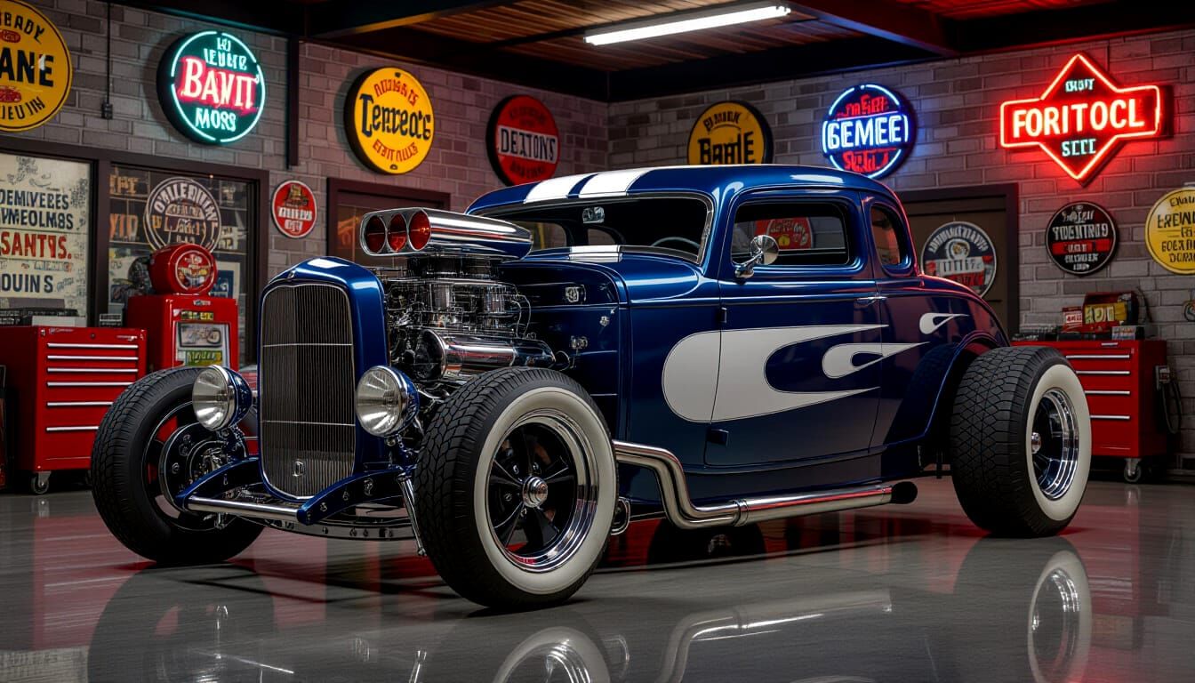 Sleek Dark Blue Hot Rod with Racing Stripes
