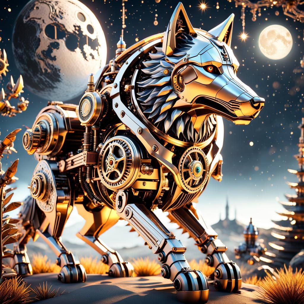 Steampunk Wolf Under Starry Night Sky
