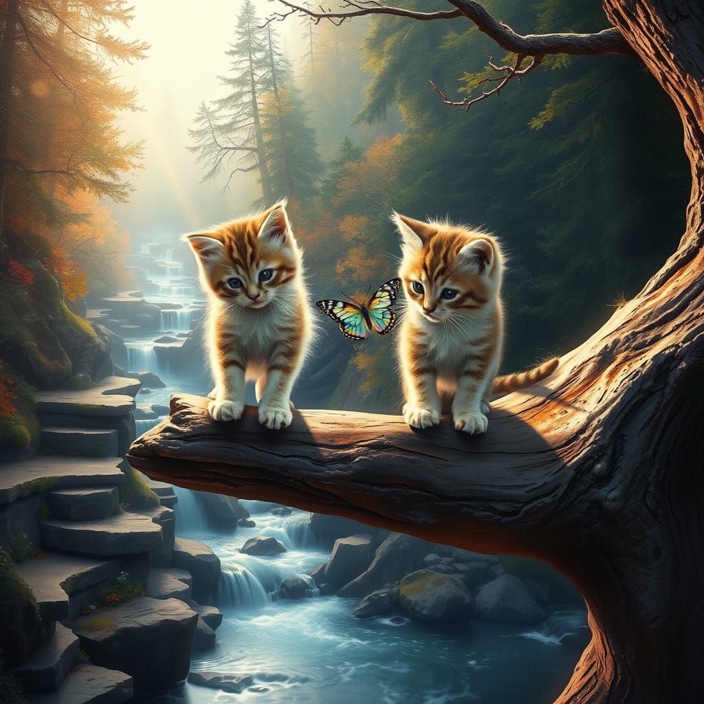 Vivid Watercolor Kittens in a Serene Forest Landscape
