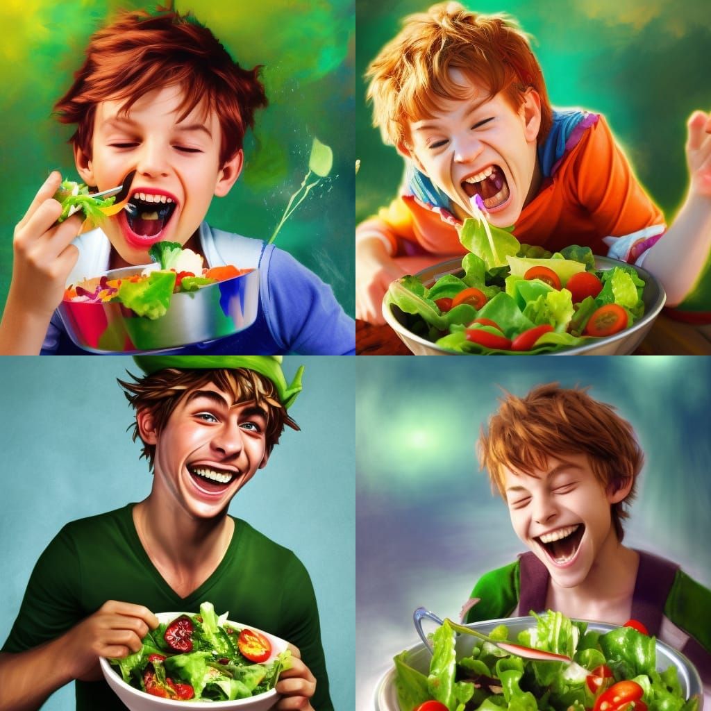Hyperrealistic Peter Pan Laughing Eating Salad
