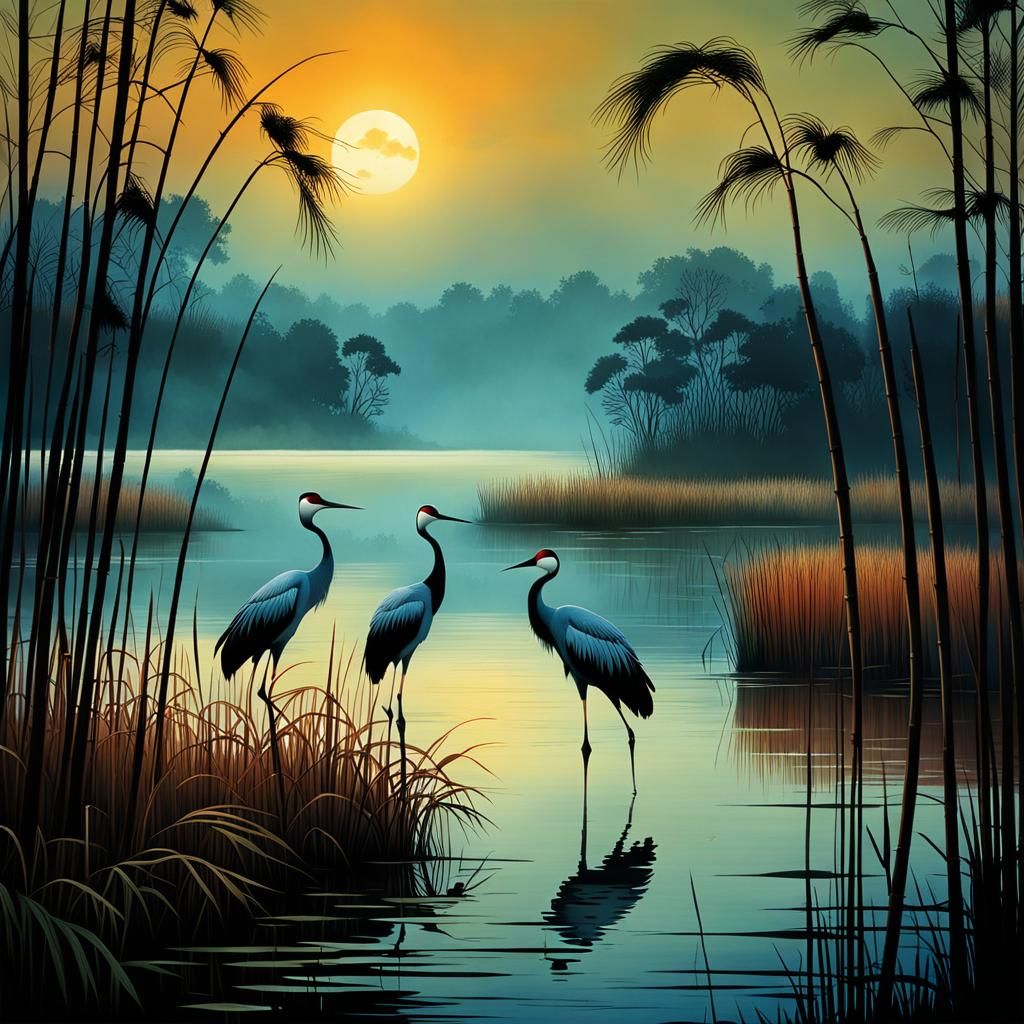 Serene Cranes by a Moonlit Lake in Watercolor Style