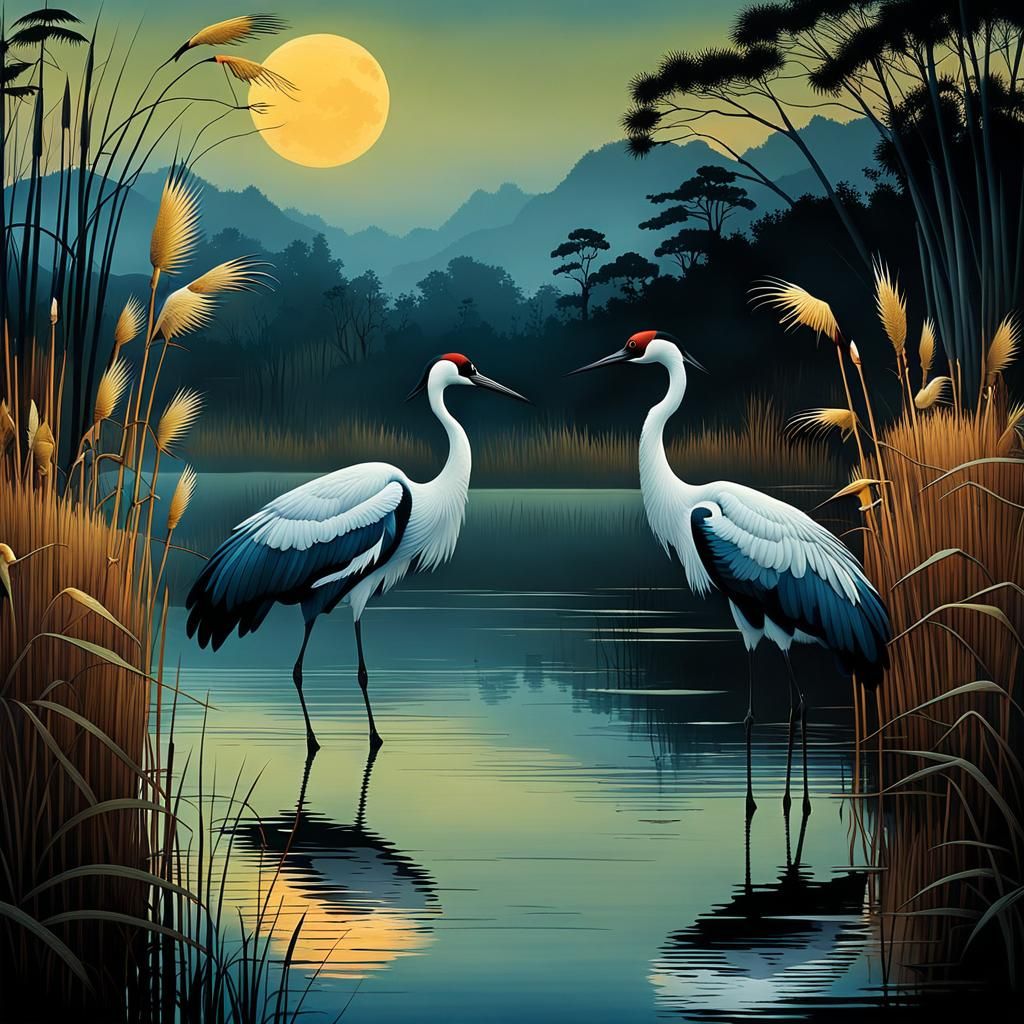 Cranes in Soft Evening Light, a Watercolor Landscape