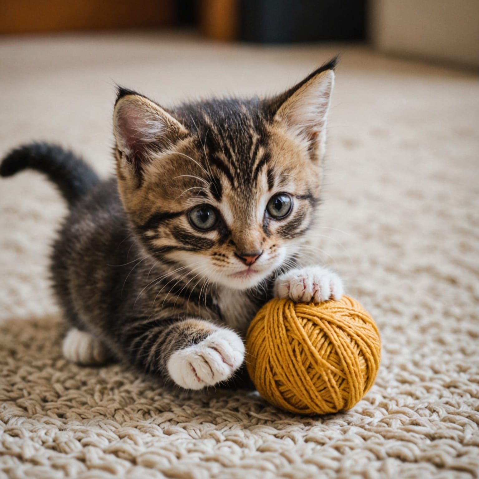 Adorable Kitten Plays with Yarn Ball