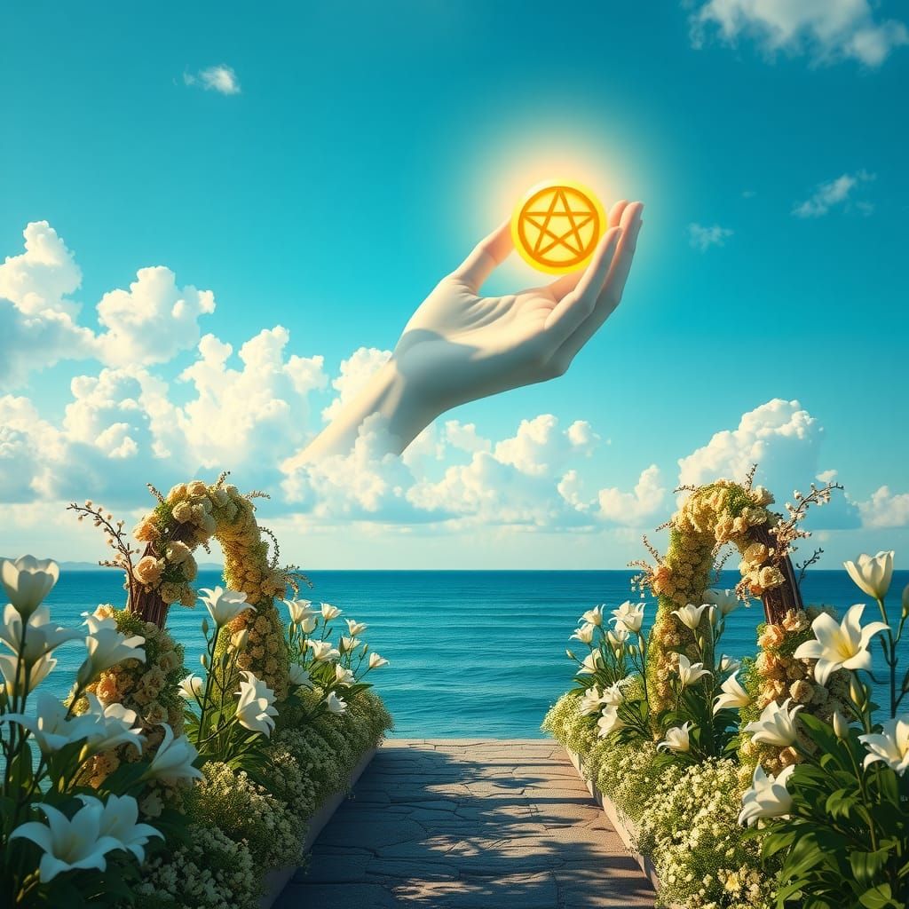 Celestial Hand Cradling Pentacle with Floral Pathway