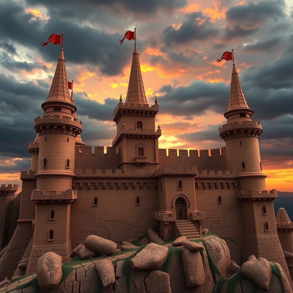 Terracotta Hyperrealistic Castle in Dramatic Sunset
