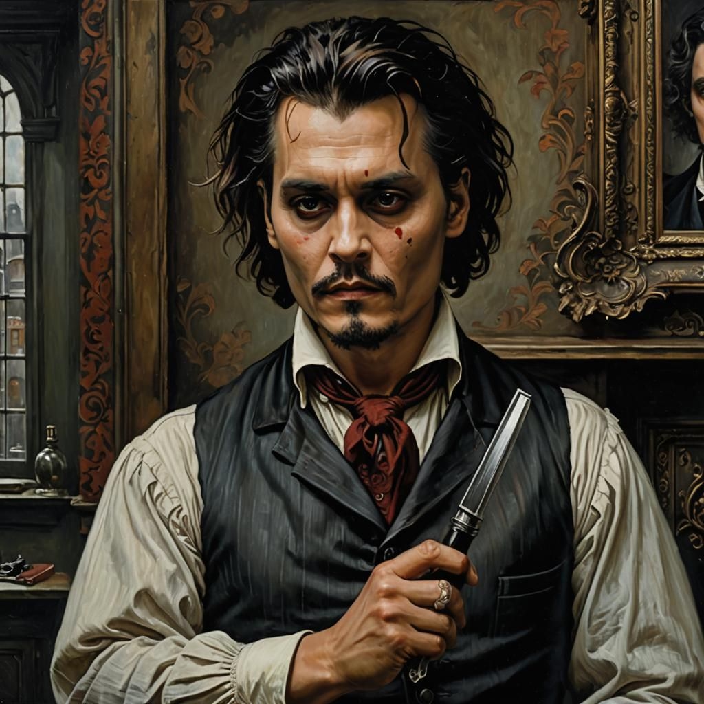 (((Johnny Depp as Sweeney Todd))) (((holding razor))) Victorian London, macabre hyperdetailed Oil Painting, Waterhouse, ...
