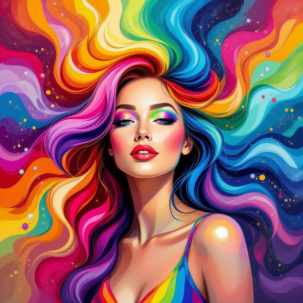 Vibrant Woman of Rainbow Tones in Flowing Color Waves
