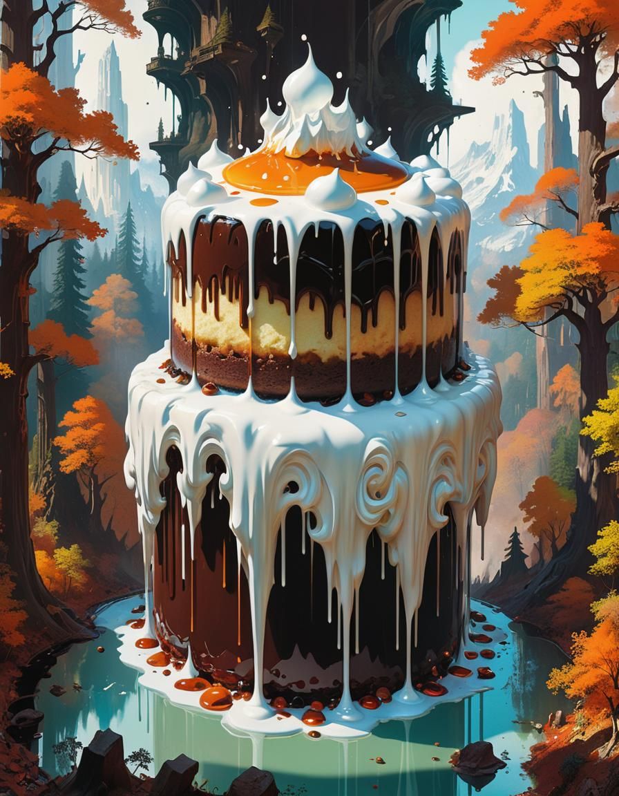 Gigantic Chocolate Cake Waterfall in Surrealist Style