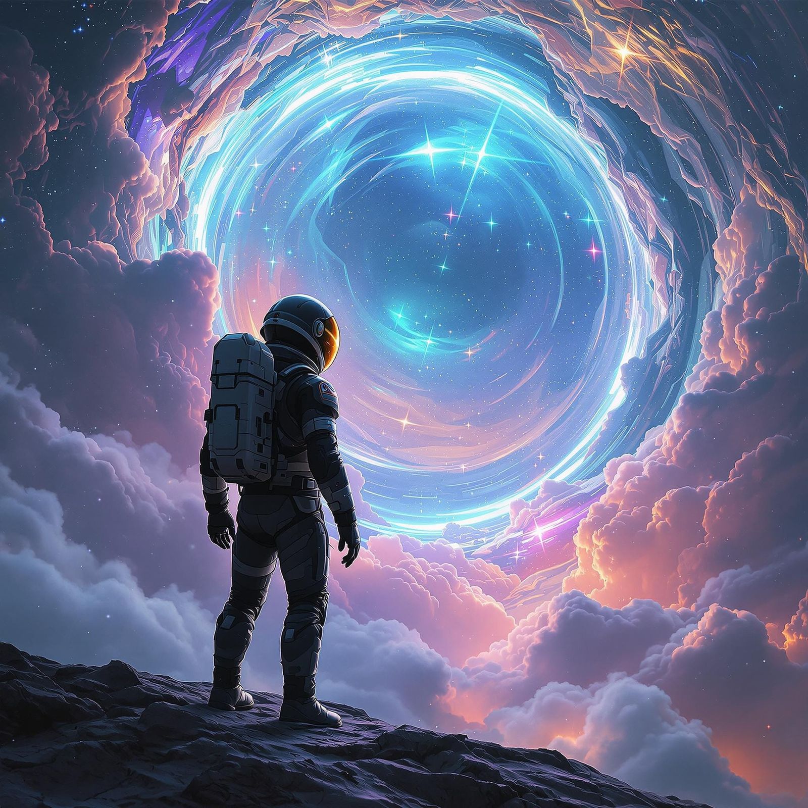 Astronaut at Shimmering Portal in Sci-Fi Art Style