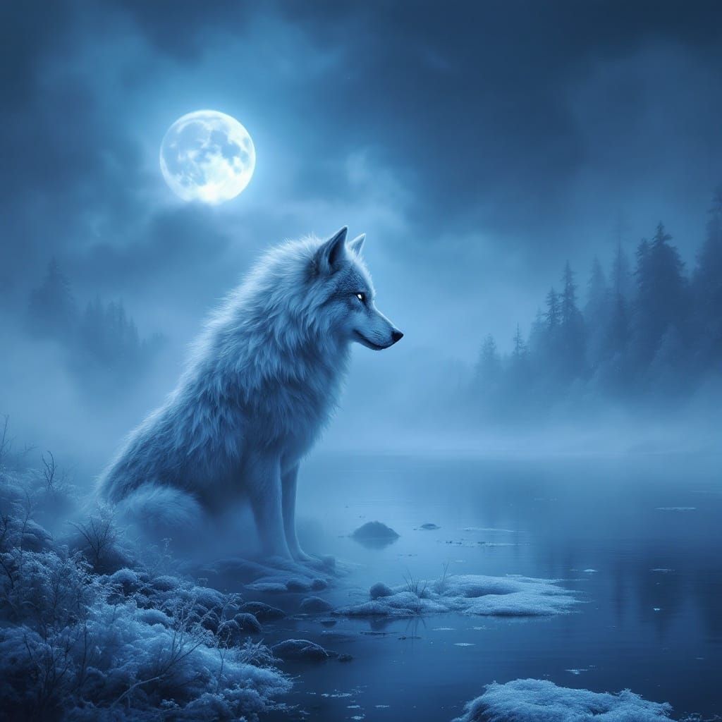 Mystical Blue Moon Eclipse on Enchanted Lake with Spirit Wol...